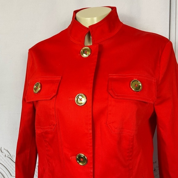 💋 Jones New York Signature Stretch Bright Red (Orange) Sm Big Button Blazer - Picture 2 of 6